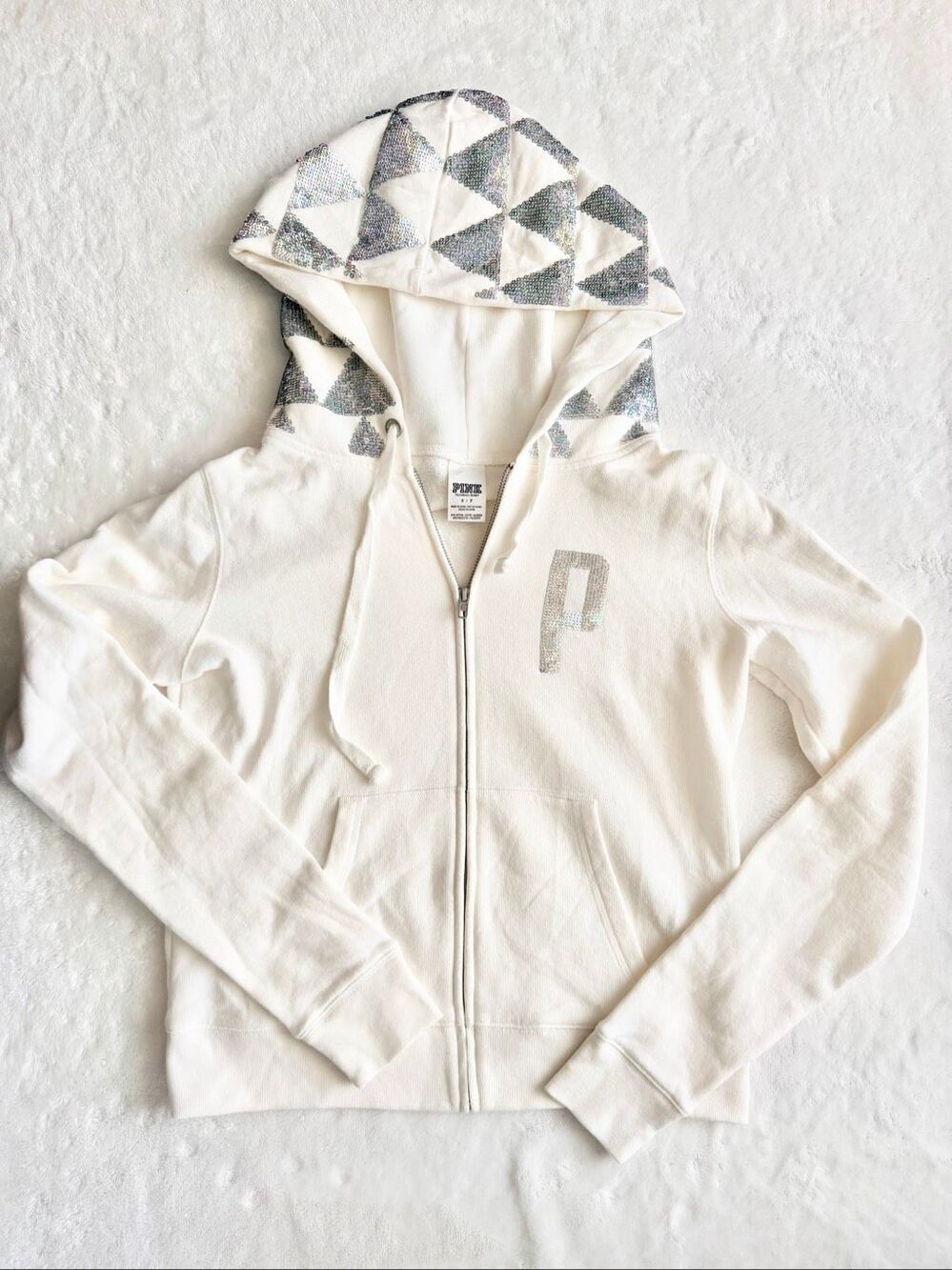PINK Victoria’s Secret White Holographic Sequin Zip Hoodie Y2K Bling Women’s Sma - Picture 3 of 12